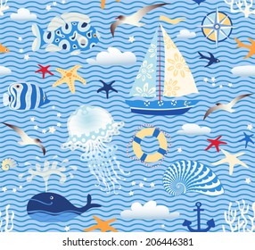 Seamless sea pattern. Vector illustration with marine elements on wave background. Maritime theme.