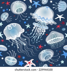 Seamless sea pattern. Vector illustration with jellyfishes and starfishes on blue background. Endless underwater world.