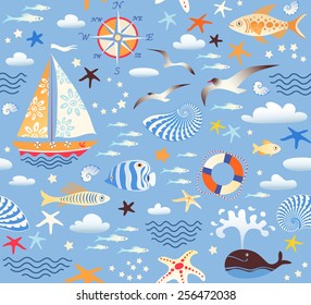 Seamless sea pattern. Vector illustration with marine elements. Summer background.