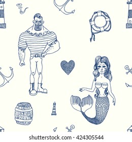 Seamless sea pattern. Vector illustration with marine elements.