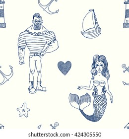 Seamless sea pattern. Vector illustration with marine elements.