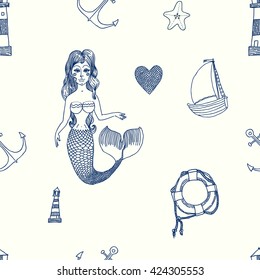 Seamless sea pattern. Vector illustration with marine elements.