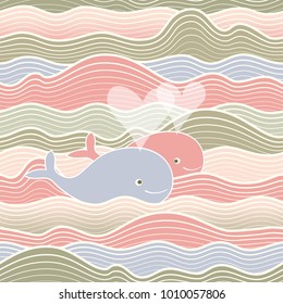 Seamless sea pattern. Vector marine illustration with stylized waves and cute happy whales. Valentines day background.