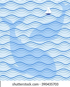 Seamless sea pattern. Vector marine illustration with waves, yacht and whales. Summer blue background.