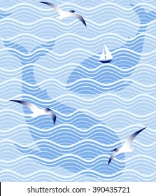 Seamless sea pattern. Vector marine illustration with waves, yacht, whales and seagulls. Summer blue background.