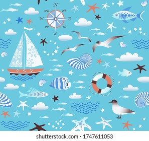 Seamless sea pattern. Vector ornamental background with stylized sailboat, shells, waves, seagulls and wind rose. Summer illustration with marine elements