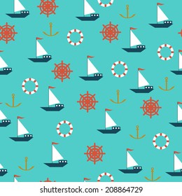 Seamless sea pattern in the vintage style, blue background