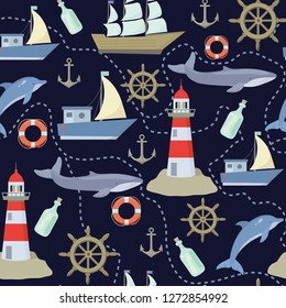 Seamless sea pattern with wahle, lighthouse, ship, anchor