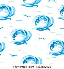 Seamless sea pattern with watercolor waves and gulls.