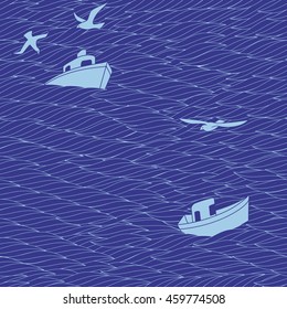 Seamless sea pattern with wave, gull and fishing vessel. Dark blue background.