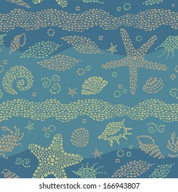 Seamless sea pattern the waves and seashells. Drops background.  It can be used for wallpaper, pattern fills, web page background, surface textures.