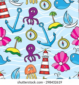 Seamless sea pattern: whale, boat, island, anchor, octopus, jellyfish, lighthouse painted in cartoon style. Vector illustration.