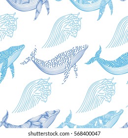 Seamless sea pattern with  whales and waves.