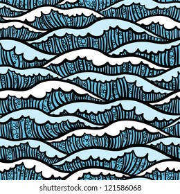 Seamless sea pattern with white waves and small bubbles