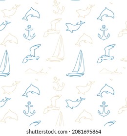 Patrón marino sin mar con yates, gaviotas, delfines y anclas en tonos azul y beige sobre fondo blanco.  