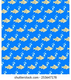 Seamless sea pattern. Yellow fish and light blue bubbles on blue background