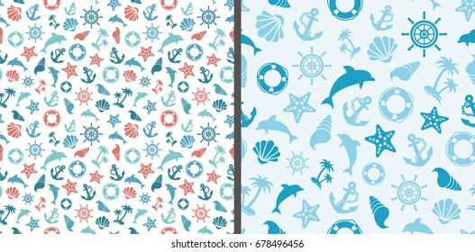 Seamless sea patterns with dolphins, anchor, sea star, shell, steering wheel and life-buoy
