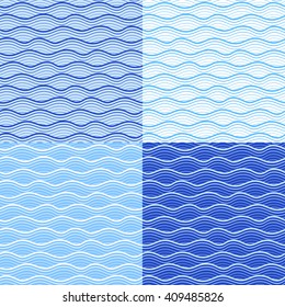 Seamless sea patterns set. Stylized waves on blue and white backgrounds.