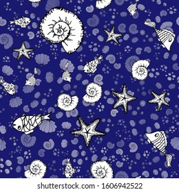Seamless Sea Shell Pattern. Ornamental Deep Ocean. Aztec Rug Blueish Ocean Life Motives. Repeated Indigo Sealife Water Print. Endless Underwater World. Marine Animals Pattern.