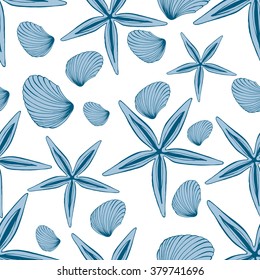 Seamless sea shell pattern. Vector illustration. White background.
