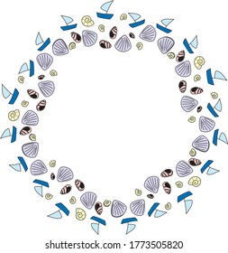 Seamless Sea Shell wreath repeat pattern including sailing boat.  Surface, tile, fabric wallpaper.