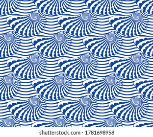 Seamless sea shells decorative pattern. Abstract wavy striped background. Summer holiday vector texture.