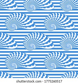 Seamless sea shells pattern. Ornamental abstract striped background. Summer holiday vector illustration