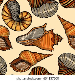Seamless Sea Shells pattern. Vector illustration background