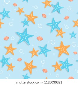 Seamless sea shells and starfish summer pattern vector background.
