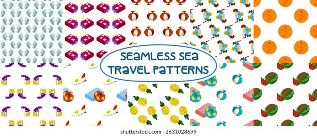 Seamless Sea Summer Pattern Collection. Set of 10 seamless patterns on the sea travel theme. Includes beach balls, pineapples, luggage, ice cream, drinks, fruits, and inflatable toys. Bright cartoon f