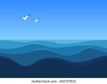 Seamless sea texture. Background wireless waves. Holiday at sea. Ocean skyline with birds. Pitching at sea.
