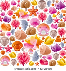 Seamless Sea travel icon set, underwater diving animal - seashell, scallop, mollusk shell and more marine shells icons. Vector illustration abstract template. Elegant modern style, white background.  