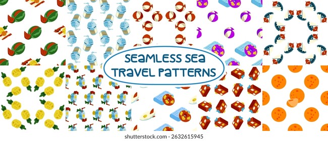 Seamless Sea Travel Pattern Pack featuring a variety of cartoon-style seamless patterns with boats, fruits, drinks, and beach gear arranged in a vibrant summer collection on white backgrounds.