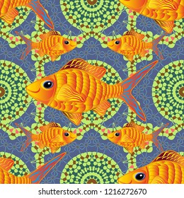 Seamless sea travel pattern, underwater diving animal - tropical yellow, blue and gray fish. Vector abstract template. Elegant modern style cute marine with yellow, blue and gray fishes.