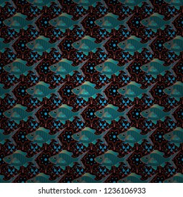 Seamless sea travel pattern, underwater diving animal - tropical black, blue and red fish. Elegant modern style cute marine with black, blue and red fishes. Vector abstract template.
