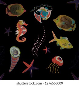 Seamless sea travel pattern, underwater diving animal - tropical gray, black and red fish. Vector abstract template. Elegant modern style cute marine with gray, black and red fishes.