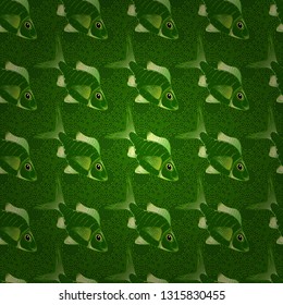 Seamless sea travel pattern, underwater diving animal - tropical green, yellow fish. Vector abstract template. Elegant modern style cute marine with green, yellow fishes.