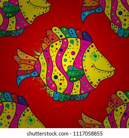 Seamless Sea travel, underwater diving animal - tropical fish. Elegant modern style, red, yellow and magenta background. Vector. Vector. Abstract template. Cute marine on red, yellow, magenta fishes.