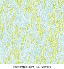 Seamless sea underwater vector pattern with contour blue and green seaweeds. Aquatic background for diving, trips, nature, travelling, summer vacation. Print for textile, wrapping paper or wallpaper.