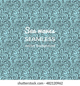 Seamless sea vector blue wave line pattern, sea background.