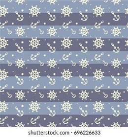 Seamless sea vector pattern with anchor and helm. Marine illustration. Design for textile, wallpaper and packing.