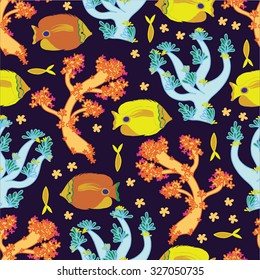 Seamless sea vector pattern with butterfly fish, actinia, sea flower