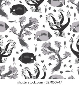 Seamless sea vector pattern with butterfly fish, actinia, sea flower. Black and white