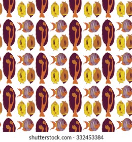 Seamless sea vector pattern with butterfly fish, zebra angelfish, blue striped angelfish. Colorful