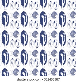 Seamless sea vector pattern with butterfly fish, zebra angelfish, blue striped angelfish. Dark blue color. Japan stile