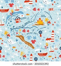 Seamless sea vector pattern, Cartoon hand drawn decorative ocean background, doodle illustration marine life texture, ocean design travel fantasy wallpaper with animal for play kids, nautical sign