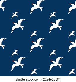 Seamless sea vector pattern, Cartoon seagulls, hand drawn decorative ocean background, doodle illustration, marine blue texture with white bird, design for travel fantasy wallpaper