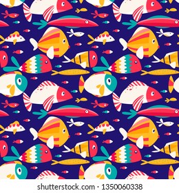 Seamless sea vector pattern of different cute fishes. Hand drawn fauna wallpaper, aqua nature continuous background. Flat colorful vector illustration