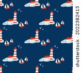 Seamless sea vector pattern, lighthouse, yaht cartoon hand drawn illustration, decorative ocean background with beacon, doodle marine texture, design travel flat fantasy wallpaper for kids, textile