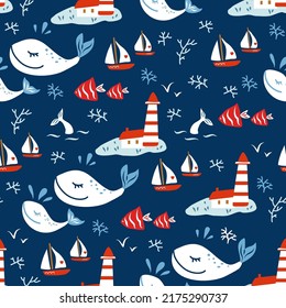 Seamless sea vector pattern, lighthouse, yaht, whales cartoon hand drawn illustration, decorative ocean background with beacon, doodle marine texture, design travel flat fantasy wallpaper for kids